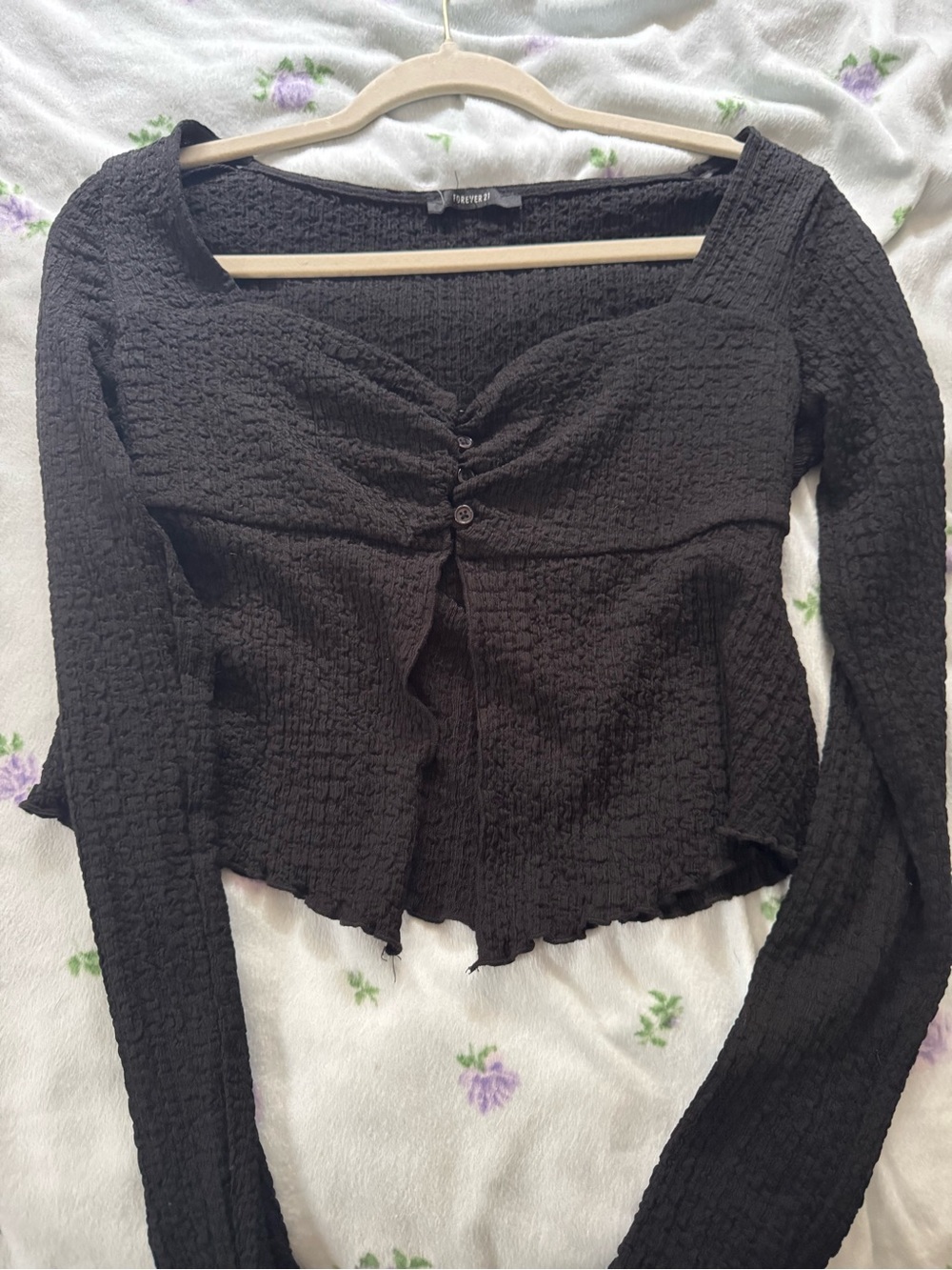 Forever 21 Black Textured Ruched Button-Front Long Sleeve Top